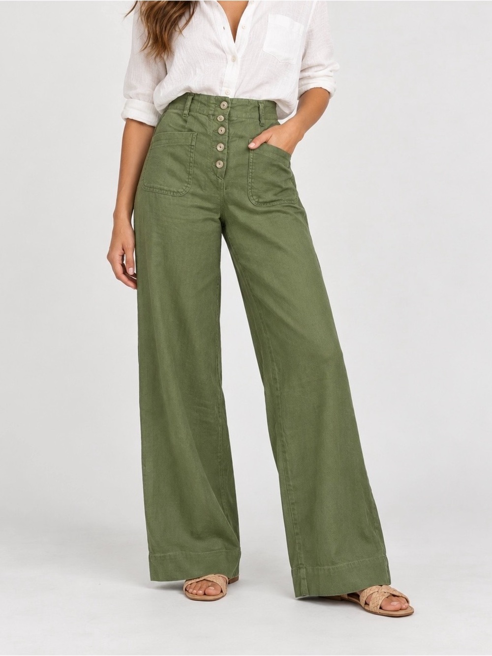 Anthropologie Olive Green High-Rise Wide-Leg Button Front Trousers